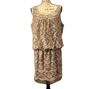 S.L. Fashions EC Bronze lace overlay dress. Elastic waist. Fringe hem. Size 16